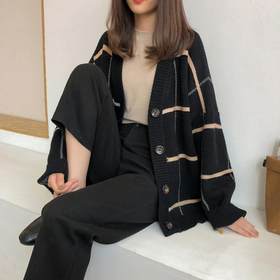 ニット・セーター | ニットカーディガン BIGチェック柄 韓国風