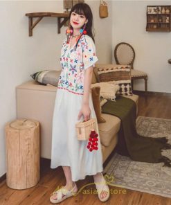 マキシ | ワンピース レディース リゾートワンピ かわいい 半袖 Ｖネック 刺繍 上品 Aライン ロング丈 ロング丈ワンピ エスニック風 結婚式 ファッション 二次会 卒業式