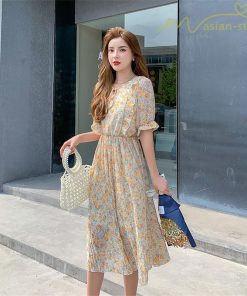 ミディアム | ワンピース プリーツフレア フェミニン Aライン リボンデザイン 小花柄 リゾートワンピ ウエストゴム ハイウエスト 2020新制作 ピンタック 夏コーデ 薄手