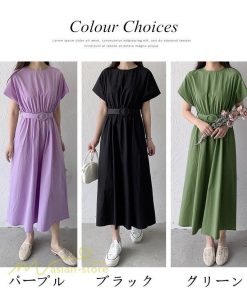 マキシ | 夏ワンピース ロングワンピース フレア 無地 半袖 ベルト付き Aラインワンピース レディース ワンピ 可愛い 体型カバー 大きいサイズ ゆったり カジュアル