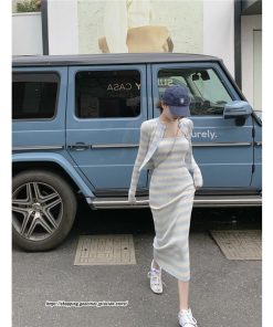 カーディガン | ニットワンピース リブニット トップス キャミワンピース ボーダー ニット 長袖 タイト ニットワンピース スリム セクシー 20代