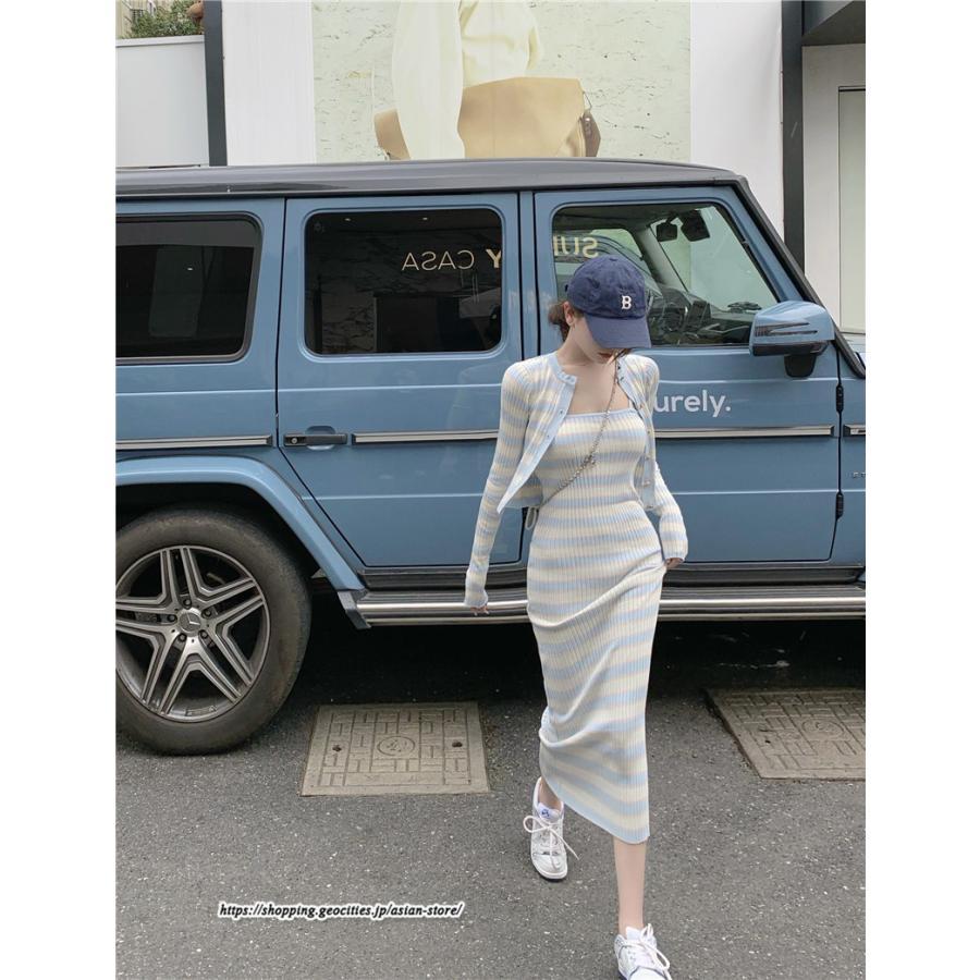 カーディガン | ニットワンピース リブニット トップス キャミワンピース ボーダー ニット 長袖 タイト ニットワンピース スリム セクシー 20代