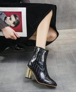 ショートブーツ | 大きいサイズレディース ポインテッドトゥ チャンキーヒール 柄 太ヒール バックファスナー 27cm ミドルヒール シューズ ブーツ 黒ブーツ