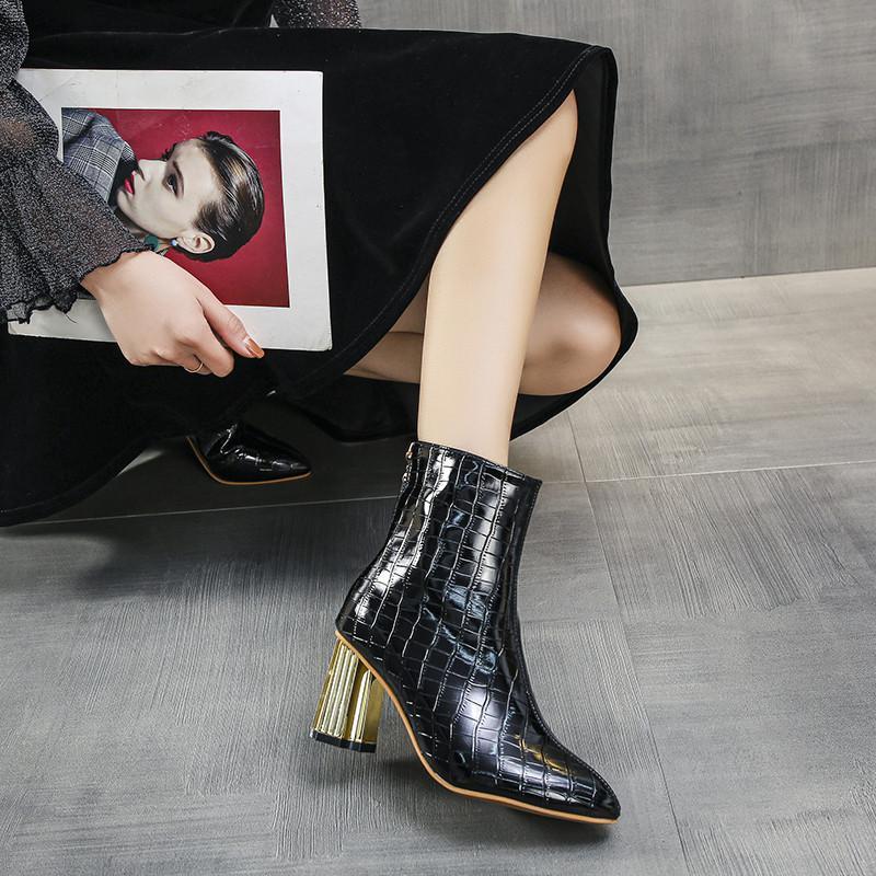 ショートブーツ | 大きいサイズレディース ポインテッドトゥ チャンキーヒール 柄 太ヒール バックファスナー 27cm ミドルヒール シューズ ブーツ 黒ブーツ