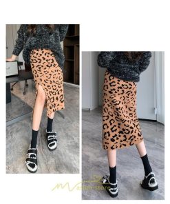 スカート | ロング 秋 冬 Aライン ロング丈 ハイウエスト ヒョウ柄 かっこいい セクシー  スリット ニット 韓国風 高見え デート おでかけ 2022新作 女子会 細見え