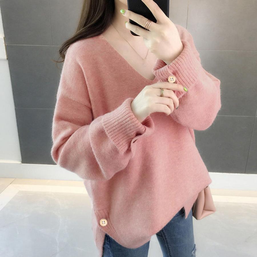ニット・セーター | Vネック ニット ニットトップス プルオーバー 無地 ニットセーター スリット入り 秋冬 ニットソー レディース