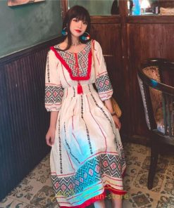 マキシ | ワンピース 夏 レディース リゾート きれいめ 夏ワンピ ファッション エスニック 幾何学柄 ウエストゴム レトロ サマーワンピース ロング 海外旅行 上品 夏服