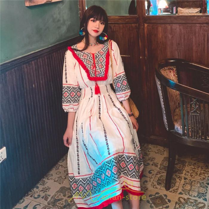 マキシ | ワンピース 夏 レディース リゾート きれいめ 夏ワンピ ファッション エスニック 幾何学柄 ウエストゴム レトロ サマーワンピース ロング 海外旅行 上品 夏服