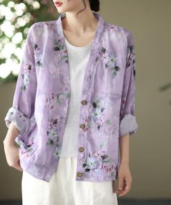カーディガン | 麻混 レディース 花柄 初秋 リネン カジュアル Vネック 長袖 羽織 きれいめ 春 夏 秋 薄手 おしゃれ 40代50代 ゆったり 20代30代 大きいサイズ
