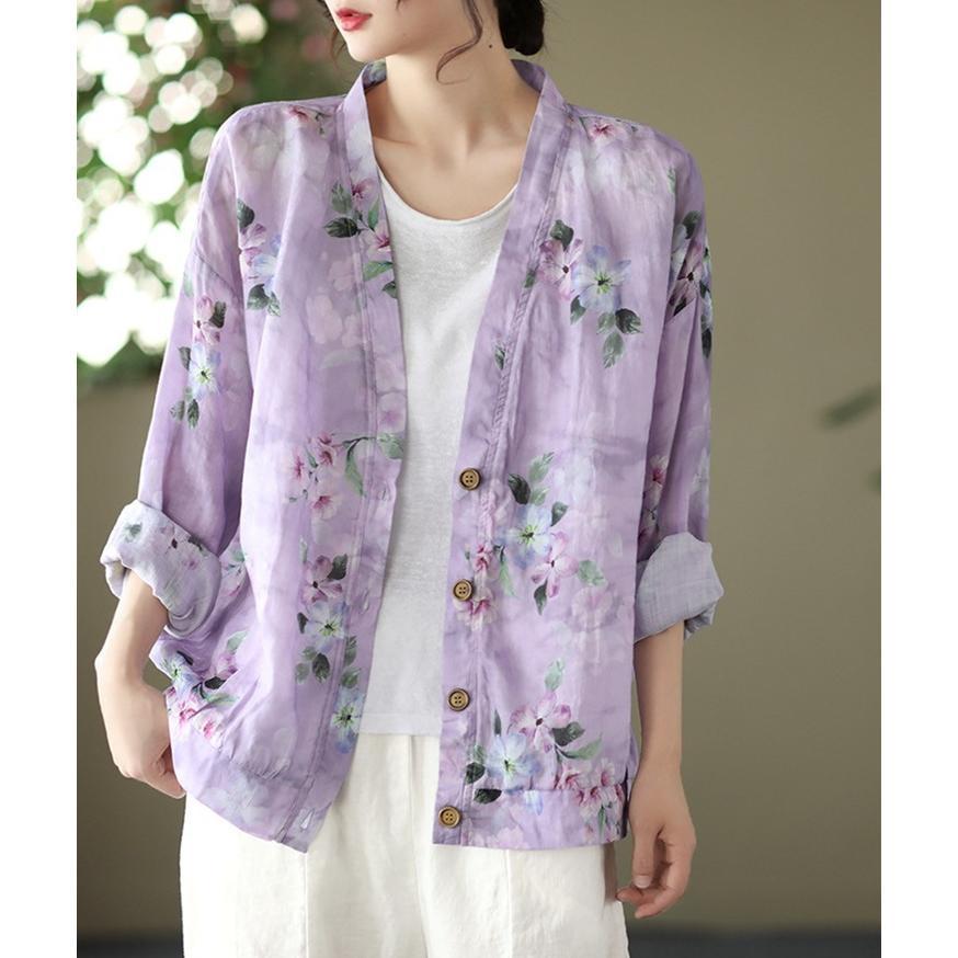 カーディガン | 麻混 レディース 花柄 初秋 リネン カジュアル Vネック 長袖 羽織 きれいめ 春 夏 秋 薄手 おしゃれ 40代50代 ゆったり 20代30代 大きいサイズ