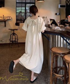 マキシ | ワンピース パフスリーブ 半袖 スクエアネック ゆったり 体型カバー ゆるワンピース フリーサイズ かわいい 無地 シンプル おしゃれ お出かけ レトロ 夏物 上品