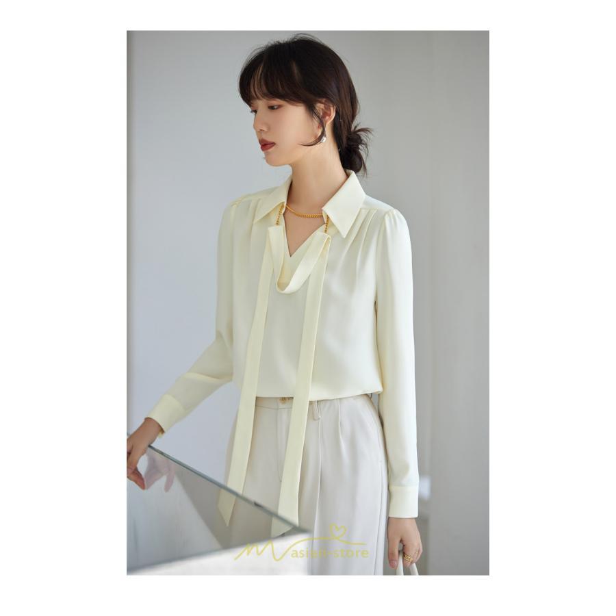 シャツ・ブラウス | ブラウス レディース シャツ トップス Vネック 長袖シャツ 無地 オフィス カジュアル おしゃれ シフォン 着痩せ OL リボン 通勤 20代30代40代50代