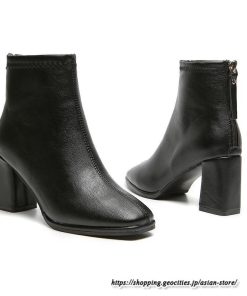 ショートブーツ | レディース 裏起毛あり 裏起毛なし スクエアトゥ ブーツ チャンキーヒール 太ヒール 後ろファスナー ミドルヒール 大人 靴 シューズ 黒ブーツ