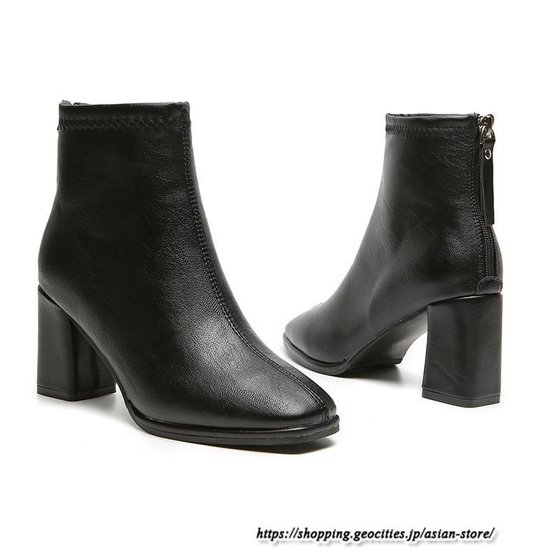 ショートブーツ | レディース 裏起毛あり 裏起毛なし スクエアトゥ ブーツ チャンキーヒール 太ヒール 後ろファスナー ミドルヒール 大人 靴 シューズ 黒ブーツ