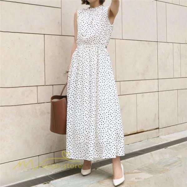 マキシ | ワンピース サマー 夏新作 ロングワンピース ドット柄 レディース 40代 50代 着痩せ 上品 ノースリーブ フレア エレガント 黒 30代 気質 白 20代