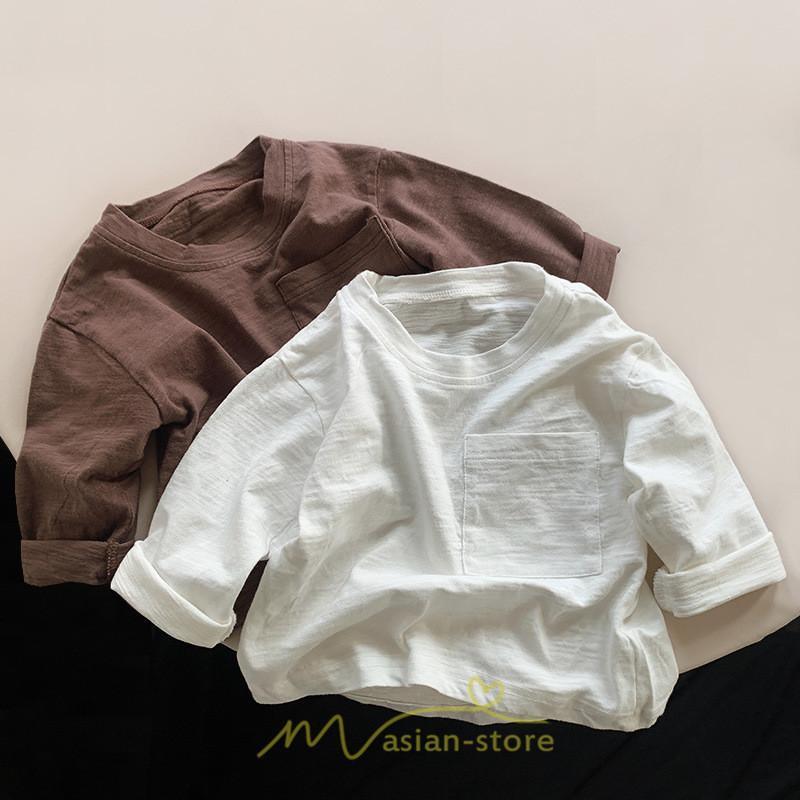 衣装 服 | 子供服 子ども服 こども服 キッズ 長袖tシャツ 女の子 男の子 長袖 トップス ロンT クルーネック コットン 高品質 保育園 胸ポケット シンプル 無地 可愛い