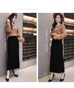 スカート | ニット秋冬 レディース ロングプリーツハイウエスト 大人 30代 ウエストゴム 40代 50代 ストレッチ 無地 エレガント 柔らか