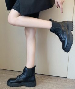 ショートブーツ | 春秋冬 靴 レースアップ 厚底 レディースブーツ ブラックブラウン ワークブーツ