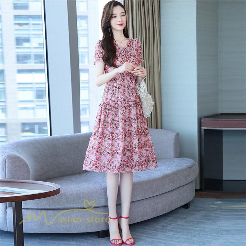 ミディアム | ワンピース レディース Aライン カジュアル Vネック サマー 半袖 ひざ丈 ミディアムワンピース 大きいサイズ 上品 花柄 着痩せ サマーワンピース 夏服