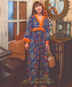 マキシ | ワンピース 長袖 ゆったり 夏秋 レディース 個性的 マキシ丈 楽ちん 体型カバー エスニック 着痩せ 赤 青 オレンジ レトロ 高品質 民族風 20代30代40代 旅行 海