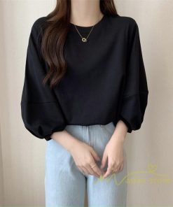 tシャツ・カットソー | 7分袖Tシャツ レディース Tシャツ 夏服 秋物 夏秋物 トップス 夏秋服 パフスリーブ ゆったり 無地 丸首 秋コーデ 春夏秋 可愛い 20代30代 40代50代 夏コーデ