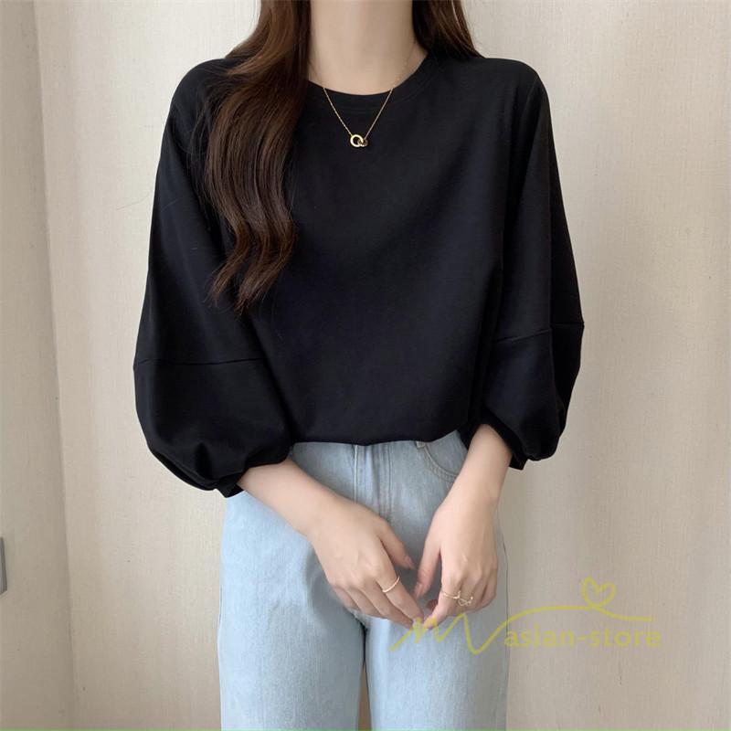 tシャツ・カットソー | 7分袖Tシャツ レディース Tシャツ 夏服 秋物 夏秋物 トップス 夏秋服 パフスリーブ ゆったり 無地 丸首 秋コーデ 春夏秋 可愛い 20代30代 40代50代 夏コーデ