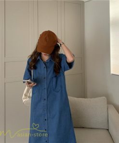 ミディアム | ワンピース デニムワンピース 半袖 ひざ丈 シャツワンピース 夏新作 体型カバー デニム フリーサイズ レトロ風 カジュアル 膝丈 かわいい 無地 ワンピ きれいめ