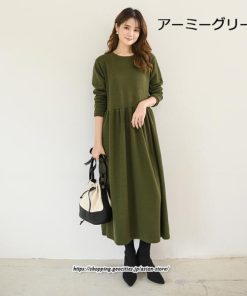 マキシ | ワンピース レディース ウエスト切替 スウェット素材 ロングワンピース タック入 L XL XXL シンプル カジュアル キレイめ 40代 通勤 オシャレ 50代 30代 20代