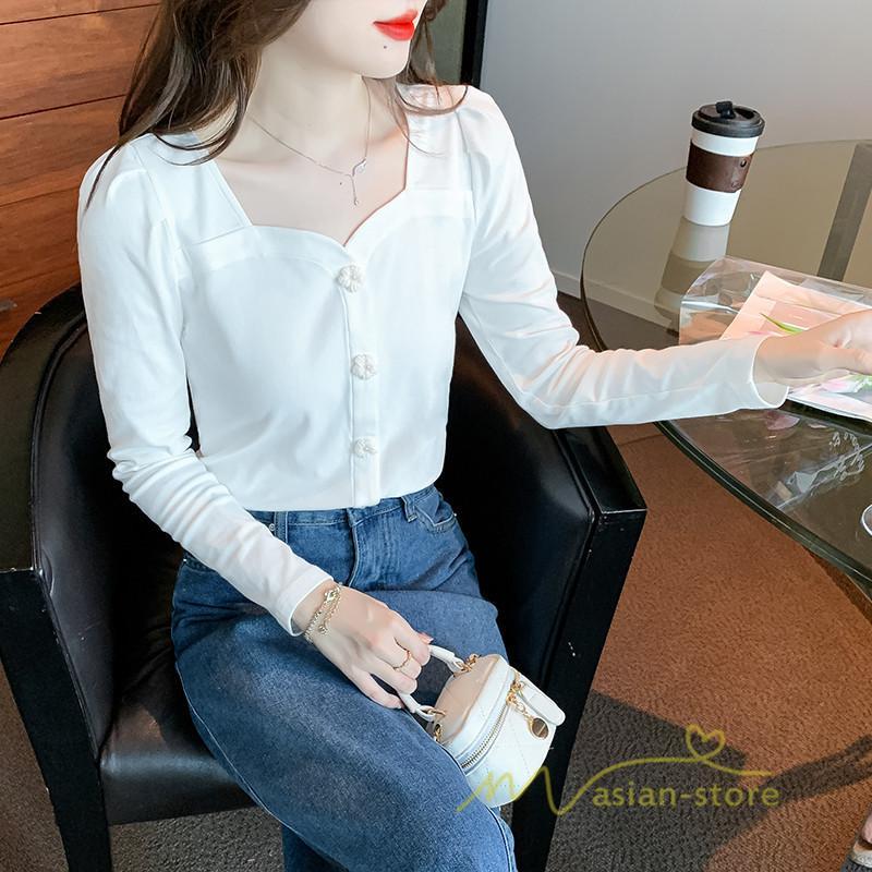 tシャツ・カットソー | ショート丈Tシャツ レディース 長袖Tシャツ カットソー タイト スリム 無地 トップス 綿 秋物 可愛い 小さい 通学通勤 20代30代 インナー 綿Tシャツ