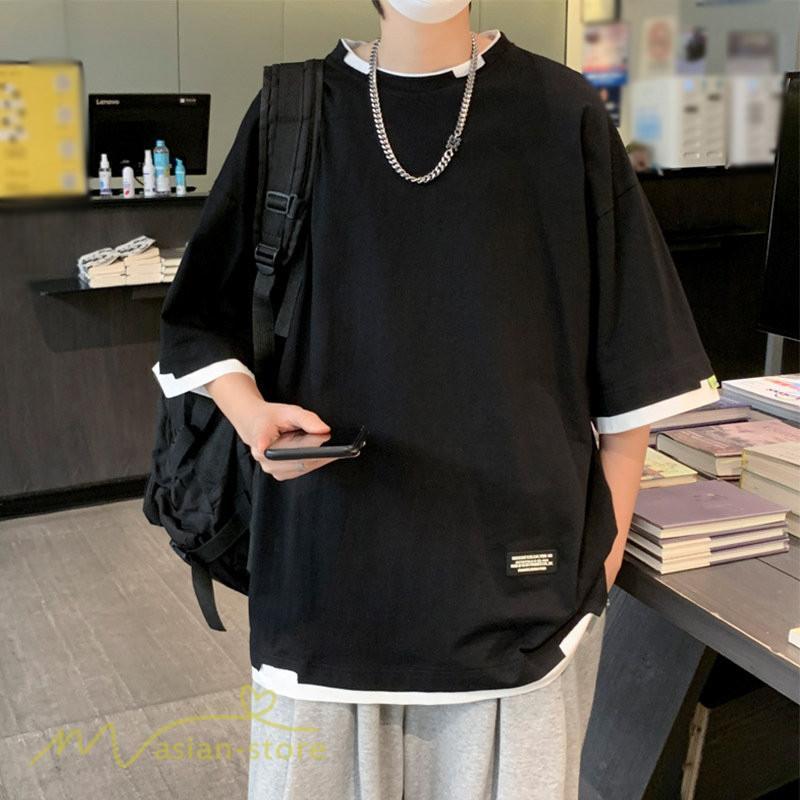 Tシャツ | メンズ 夏物 半袖 五分袖 フェイク レイヤード 重ね着風 無地 おしゃれ プルオーバー オーバーサイズ カジュアル 30代 20代 40代 ゆったり 男性着
