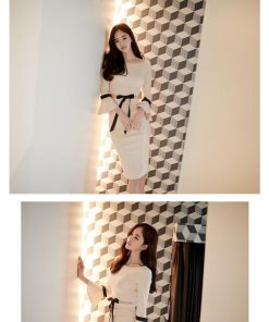 タイト | ワンピース タイトワンピース 結婚式 パーティードレス ミディアム 膝丈 袖あり 二次会 お呼ばれ 上品 演奏会 リボンつき ワンピ オフィス きれいめ