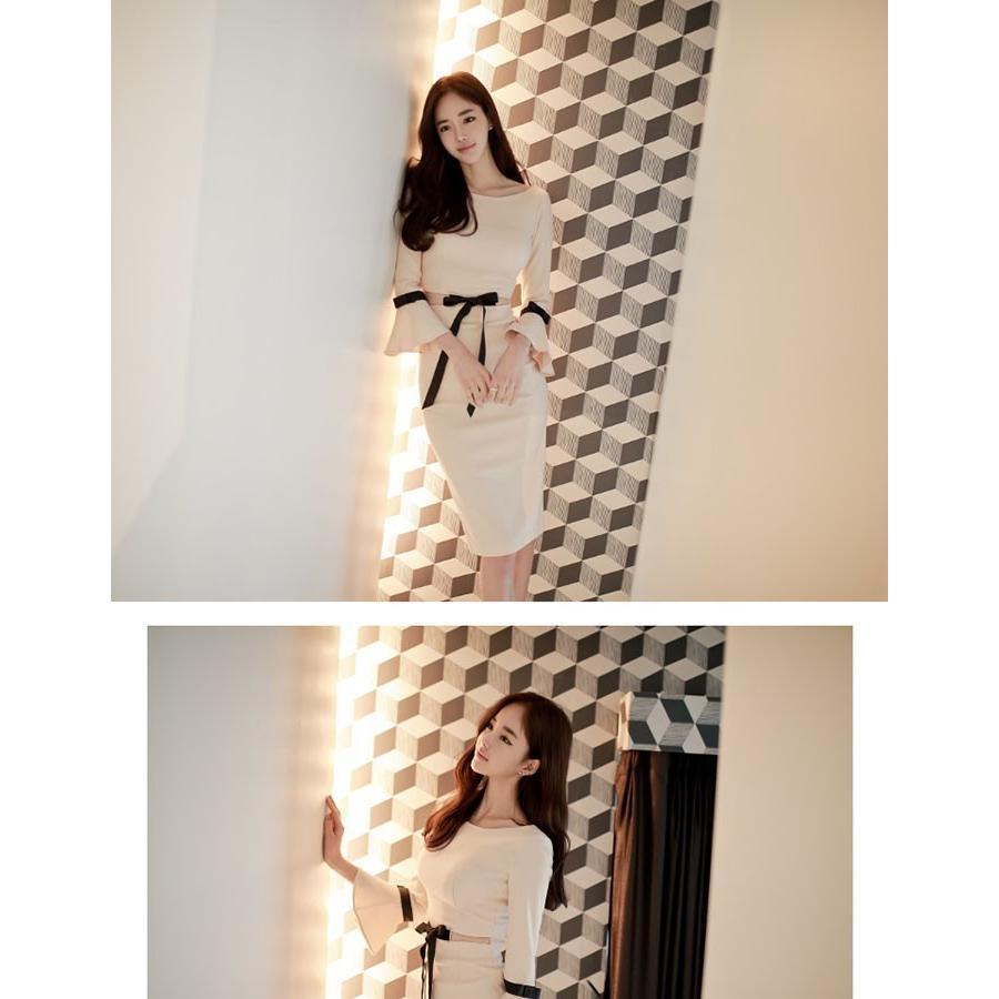 タイト | ワンピース タイトワンピース 結婚式 パーティードレス ミディアム 膝丈 袖あり 二次会 お呼ばれ 上品 演奏会 リボンつき ワンピ オフィス きれいめ