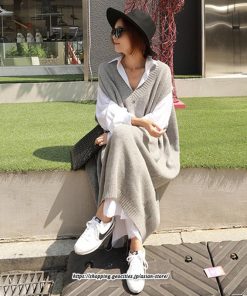 マキシ | ニットベストワンピース レディース 40代 秋冬 ワンピース Vネック ニットロングベスト ニットワンピース ゆったり ひざ下 オシャレ 韓国風 無地カジュアル