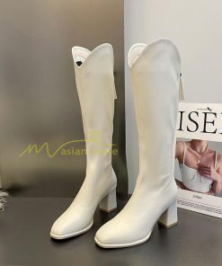 ロングブーツ | レディース ブーツ 秋冬 シューズ 靴 太ヒール チャンキーヒール 合皮ブーツ PUブーツ ロング靴 後ろファスナー COS くつ 大人 コスプレ