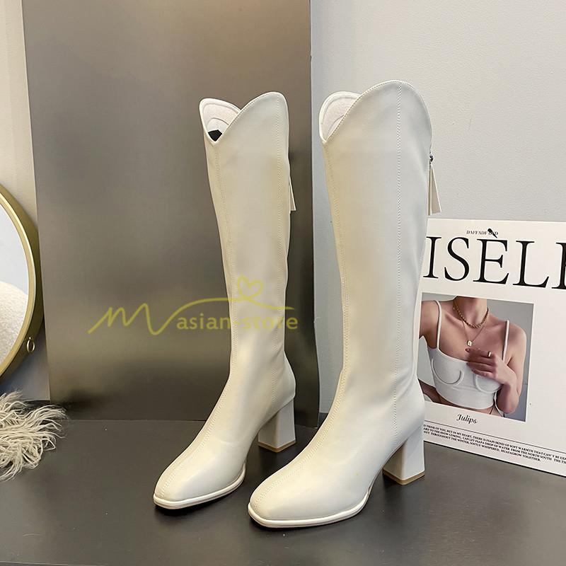 ロングブーツ | レディース ブーツ 秋冬 シューズ 靴 太ヒール チャンキーヒール 合皮ブーツ PUブーツ ロング靴 後ろファスナー COS くつ 大人 コスプレ