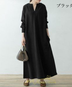 マキシ | ワンピース レディース 春 秋 長袖 ロングワンピース スカート マキシ丈 秋冬 通勤着 可愛い ゆったり 体型カバー 20代 50代 着痩せ 綿麻 30代 ｖネック 40代