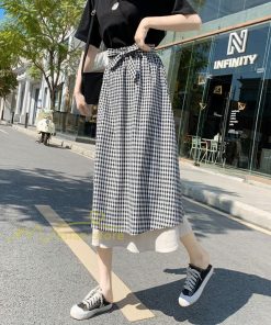 スカート | フレアロングレデイース リネンウエストゴム 綿麻混 マキシマキシ リゾート チェック柄 体型カバー