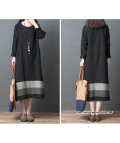 マキシ | リネンワンピース50代レディース綿麻風 長袖秋物 丸ネック 無地 Aラインワンピース ミモレ丈ワンピース サイドポケット ワンピース 30代40代 シンプル 大人