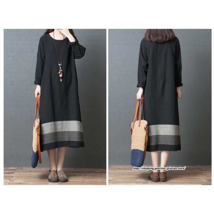 マキシ | リネンワンピース50代レディース綿麻風 長袖秋物 丸ネック 無地 Aラインワンピース ミモレ丈ワンピース サイドポケット ワンピース 30代40代 シンプル 大人