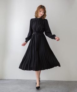 マキシ | ワンピースプリーツワンピース ロングフレアシフォンワンピース 二次会 ドレス 無地長袖リゾート ウエストリボン付き 通学通勤 エレガント M S L XL 可愛い