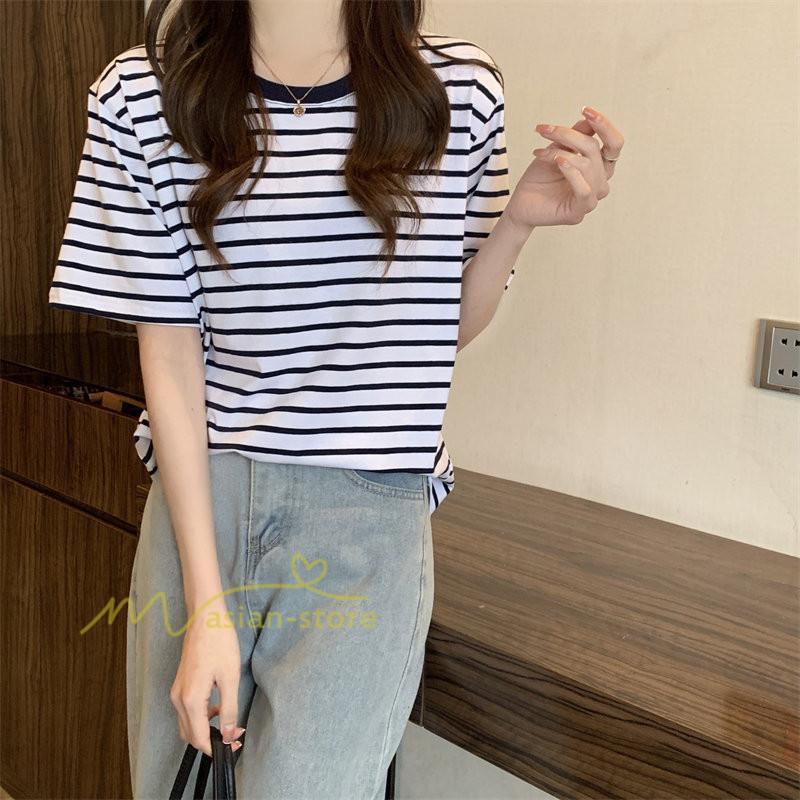 tシャツ・カットソー | Tシャツ レディース 春夏 トップス カットソー 半袖 シャツ ストライプ柄 20代30代40代50代 カジュアル お出かけ 上品 韓国ファッション 着回し 着痩せ 快適