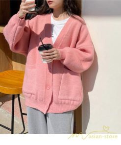 カーディガン | ニット秋冬レディース アウター ニット セーター 羽織り フロントボタン ポケット 長袖 パフスリーブ 無地 20代40代 通学通勤