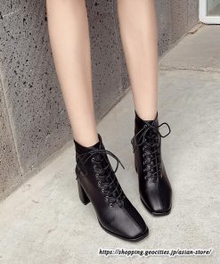 ショートブーツ | レディース 裏起毛なし 裏起毛あり スクエアトゥ ブーツ チャンキーヒール 太ヒール シューズ ハイヒール レースアップ 後ろファスナー 靴