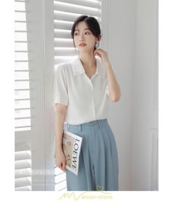 シャツ・ブラウス | トップス ブラウス 半袖 シャツ レディース オフィス フォーマル 白 黒 開襟 二重襟 バブルスリーブ 着痩せ フランス風 仕事服 クラシック 無地 通勤 大人 上品