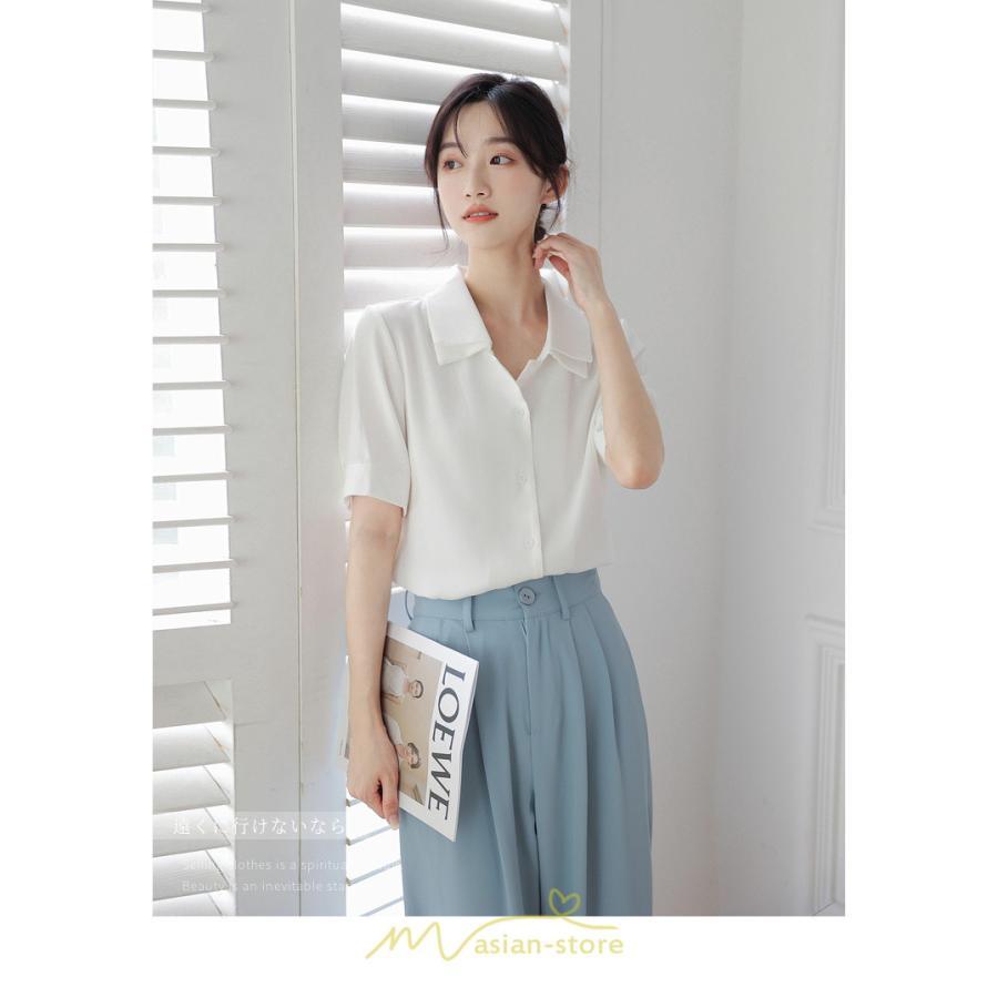 シャツ・ブラウス | トップス ブラウス 半袖 シャツ レディース オフィス フォーマル 白 黒 開襟 二重襟 バブルスリーブ 着痩せ フランス風 仕事服 クラシック 無地 通勤 大人 上品