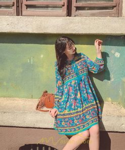 ミニ丈 | ワンピース レディース 春 夏 長袖 膝上 ショート 民族風 花柄 エスニック ボヘミアン 高品質 海外旅行 海デート 着痩せ Vネック レトロ リゾート カジュアル