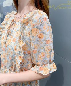 ミディアム | ワンピース プリーツフレア フェミニン Aライン リボンデザイン 小花柄 リゾートワンピ ウエストゴム ハイウエスト 2020新制作 ピンタック 夏コーデ 薄手