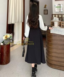 マキシ | ロングワンピース 秋物 レディース ミモレ丈 Aラインワンピース 黒白 フェイク レイヤード風 重ね着風 30代40代 シャツカラー お呼ばれワンピース 50代 着やせ