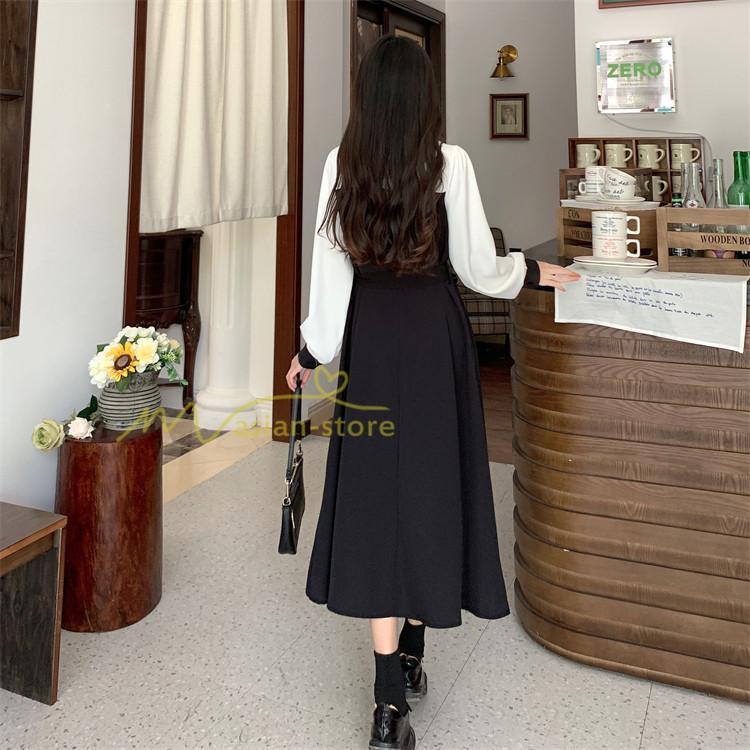 マキシ | ロングワンピース 秋物 レディース ミモレ丈 Aラインワンピース 黒白 フェイク レイヤード風 重ね着風 30代40代 シャツカラー お呼ばれワンピース 50代 着やせ