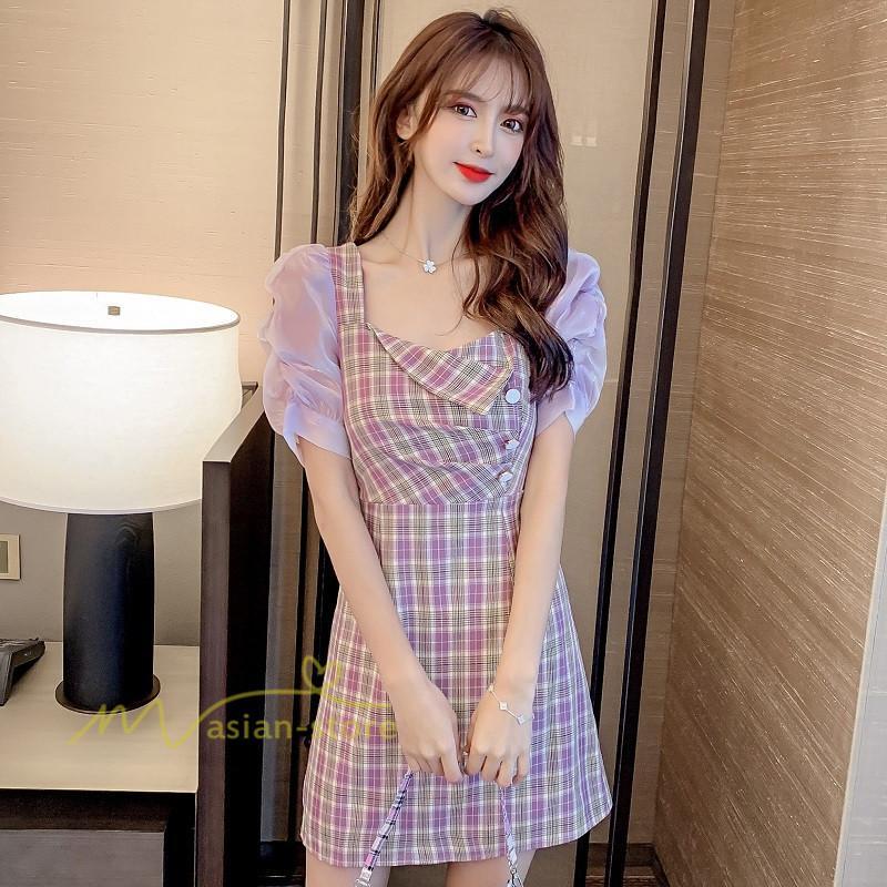 ミディアム | 半袖ワンピース 夏服 レディース 膝上丈 Aライン セクシー 可愛い スリム ワンピース おしゃれ パープル